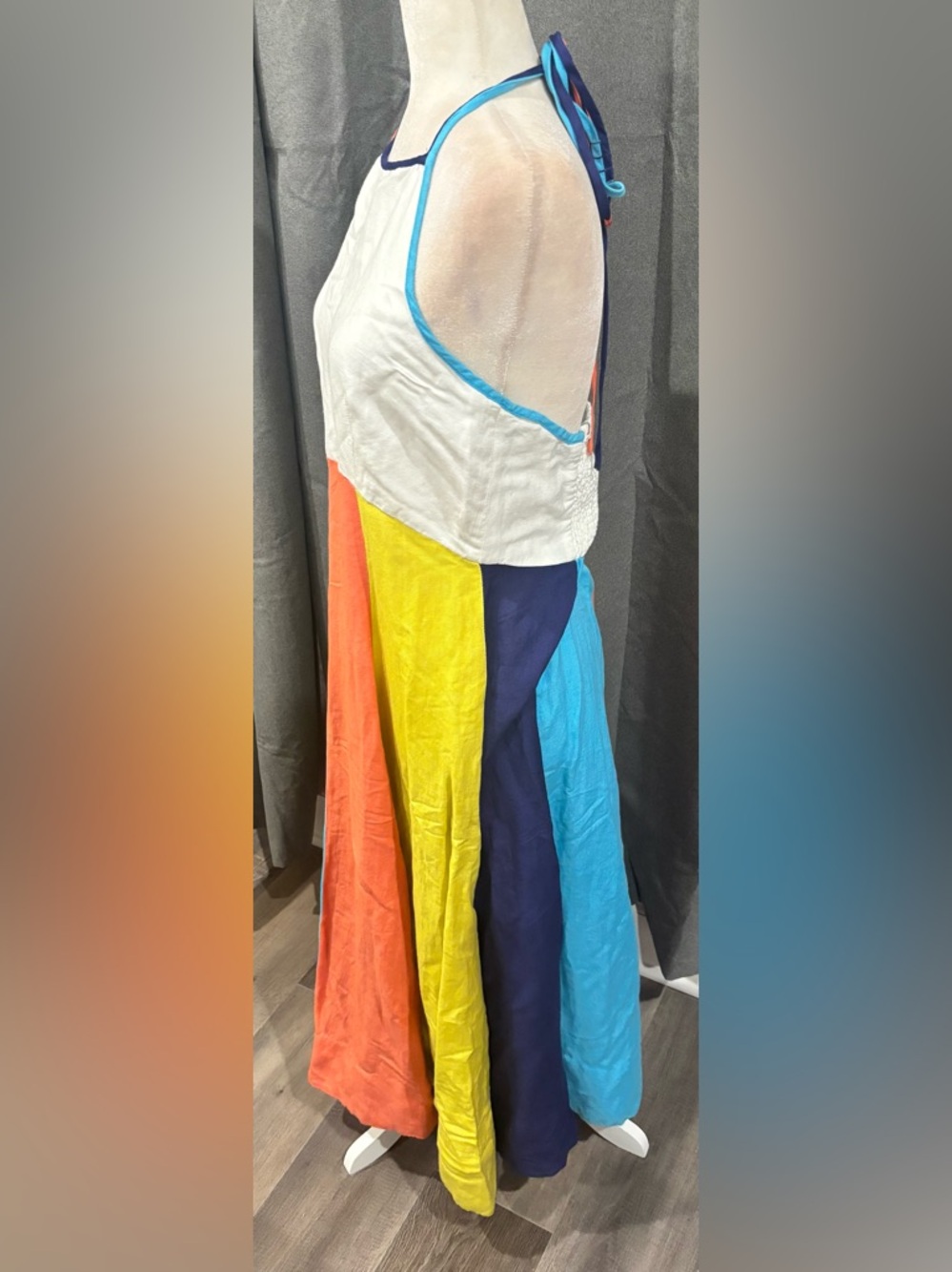 By Anthropologie Multicolor Stripe Halter Midi Dress White Blue Medium Linen - Picture 4 of 11